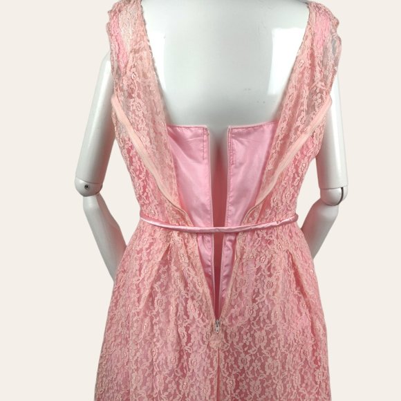 Vintage 1960s MCM Pink Lace Cocktail Dress Gown Long Sheath MOD Princess Core M - Picture 12 of 13